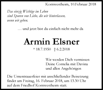 Traueranzeige von Armin Elsner von Stuttgarter Zeitung / Stuttgarter Nachrichten