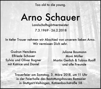 Traueranzeige von Arno Schauer von Stuttgarter Zeitung / Stuttgarter Nachrichten