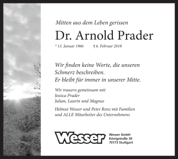 Traueranzeige von Arnold Prader von Stuttgarter Zeitung / Stuttgarter Nachrichten