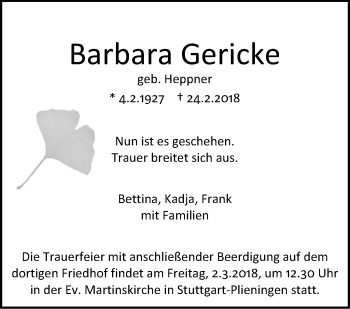Traueranzeige von Barbara Gericke von Stuttgarter Zeitung / Stuttgarter Nachrichten