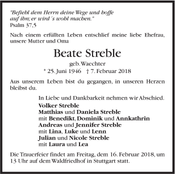 Traueranzeige von Beate Streble von Stuttgarter Zeitung / Stuttgarter Nachrichten