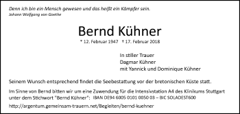 Traueranzeige von Bernd Kühner von Stuttgarter Zeitung / Stuttgarter Nachrichten