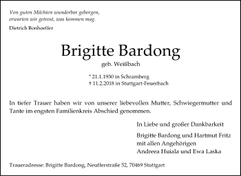 Traueranzeige von Brigitte Bardong von Stuttgarter Zeitung / Stuttgarter Nachrichten