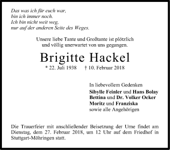 Traueranzeige von Brigitte Hackel von Stuttgarter Zeitung / Stuttgarter Nachrichten
