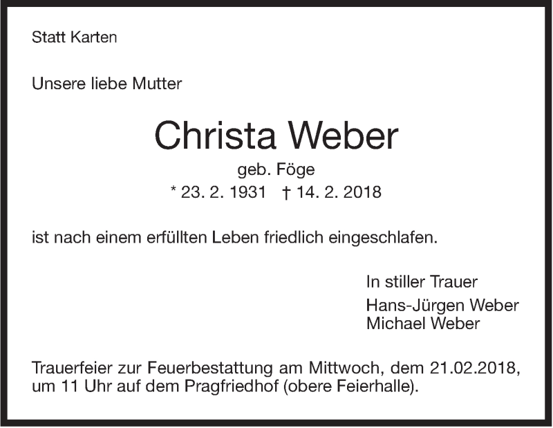  Traueranzeige für Christa Weber vom 17.02.2018 aus Stuttgarter Zeitung / Stuttgarter Nachrichten