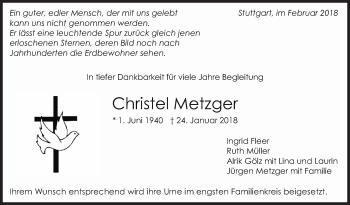 Traueranzeige von Christel Metzger von Stuttgarter Zeitung / Stuttgarter Nachrichten