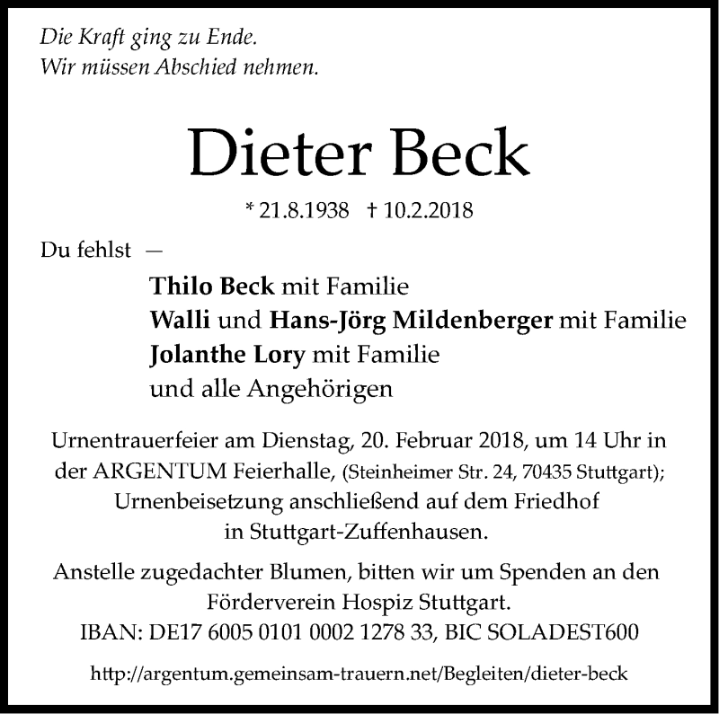  Traueranzeige für Dieter Beck vom 16.02.2018 aus Stuttgarter Zeitung / Stuttgarter Nachrichten