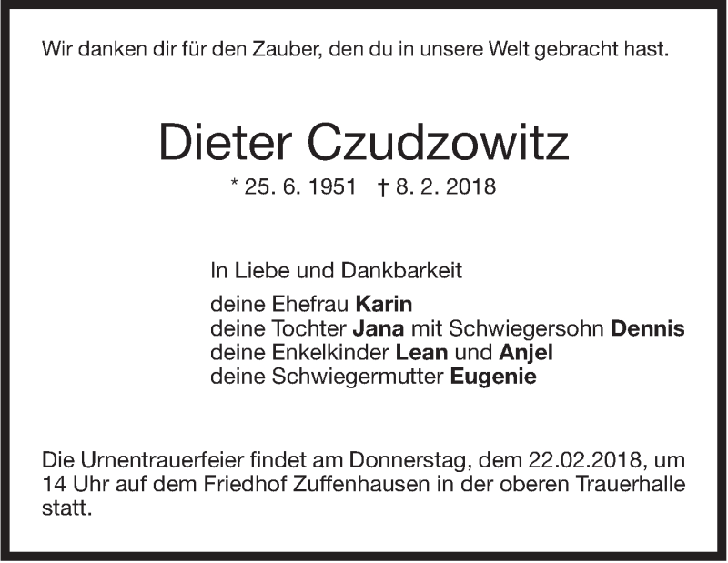  Traueranzeige für Dieter Czudzowitz vom 17.02.2018 aus Stuttgarter Zeitung / Stuttgarter Nachrichten