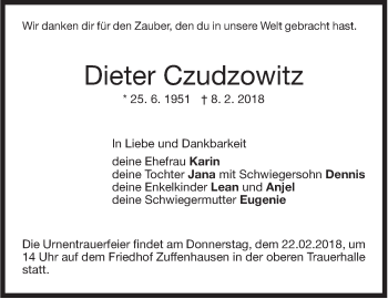 Traueranzeige von Dieter Czudzowitz von Stuttgarter Zeitung / Stuttgarter Nachrichten
