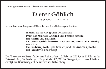 Traueranzeige von Dieter Göhlich von Stuttgarter Zeitung / Stuttgarter Nachrichten