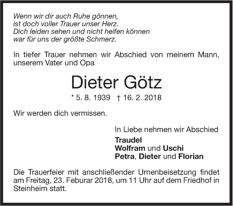 Traueranzeige für Dieter Götz vom 21.02.2018 aus Stuttgarter Zeitung / Stuttgarter Nachrichten