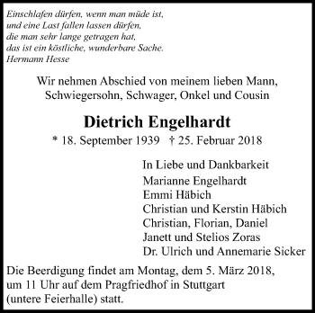 Traueranzeige von Dietrich Engelhardt von Stuttgarter Zeitung / Stuttgarter Nachrichten