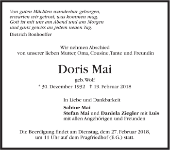 Traueranzeige von Doris Mai von Stuttgarter Zeitung / Stuttgarter Nachrichten