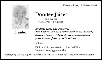 Traueranzeige von Dorotee Jaiser von Stuttgarter Zeitung / Stuttgarter Nachrichten