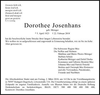 Traueranzeige von Dorothee Josenhans von Stuttgarter Zeitung / Stuttgarter Nachrichten