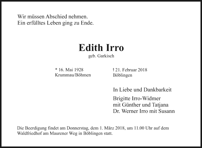  Traueranzeige für Edith Irro vom 24.02.2018 aus Stuttgarter Zeitung / Stuttgarter Nachrichten