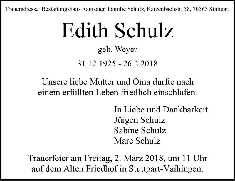  Traueranzeige für Edith Schulz vom 28.02.2018 aus Stuttgarter Zeitung / Stuttgarter Nachrichten