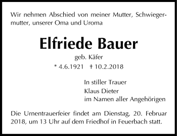 Traueranzeige von Elfriede Bauer von Stuttgarter Zeitung / Stuttgarter Nachrichten