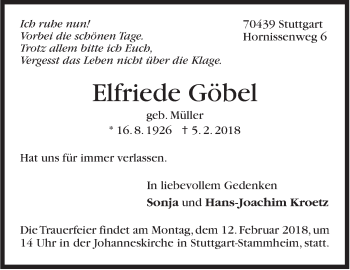 Traueranzeige von Elfriede Göbel von Stuttgarter Zeitung / Stuttgarter Nachrichten