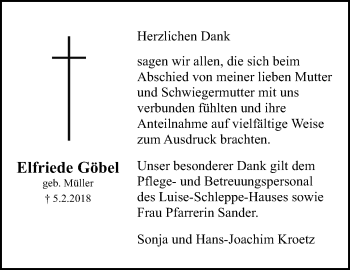 Traueranzeige von Elfriede Göbel von Stuttgarter Zeitung / Stuttgarter Nachrichten