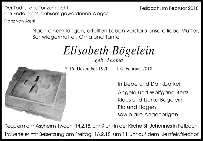  Traueranzeige für Elisabeth Bögelein vom 13.02.2018 aus Stuttgarter Zeitung / Stuttgarter Nachrichten
