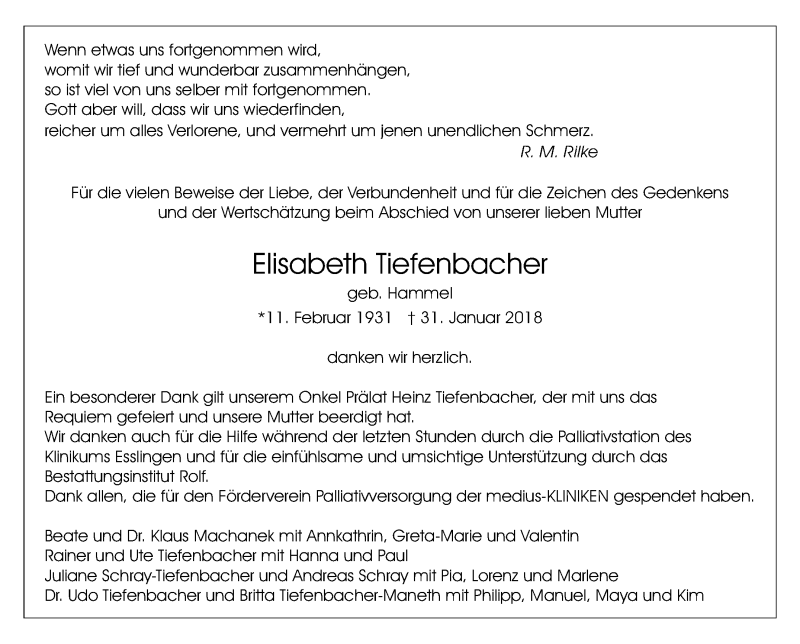  Traueranzeige für Elisabeth Tiefenbacher vom 15.02.2018 aus Stuttgarter Zeitung / Stuttgarter Nachrichten