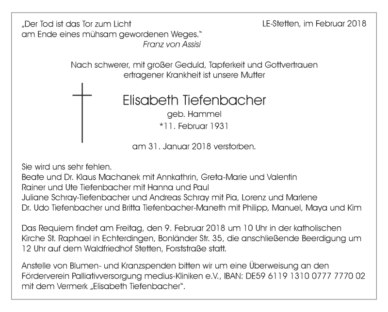  Traueranzeige für Elisabeth Tiefenbacher vom 03.02.2018 aus Stuttgarter Zeitung / Stuttgarter Nachrichten