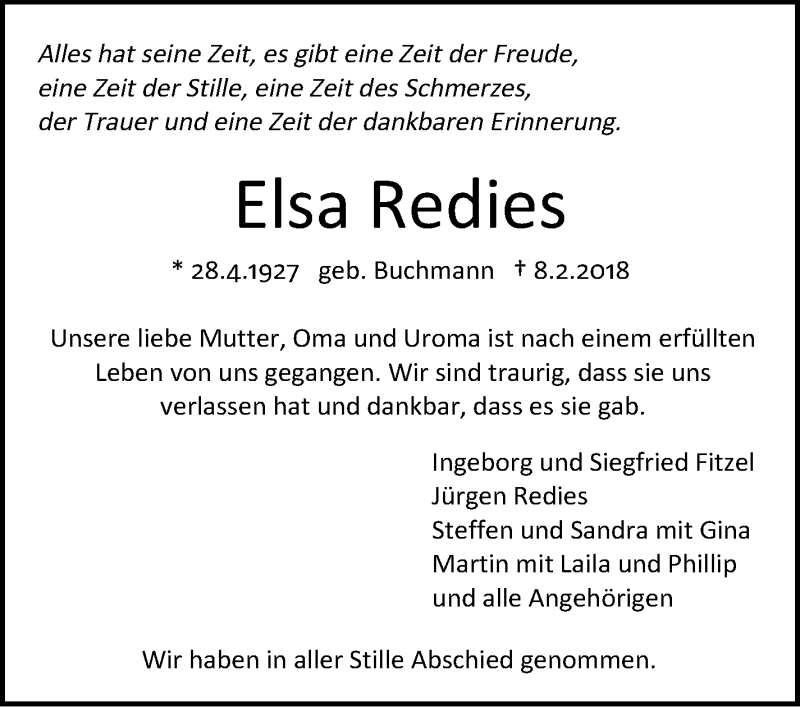  Traueranzeige für Elsa Redies vom 17.02.2018 aus Stuttgarter Zeitung / Stuttgarter Nachrichten