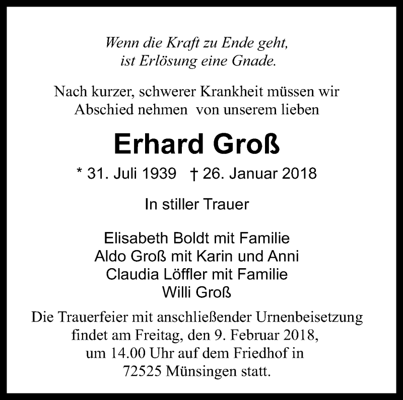  Traueranzeige für Erhard Groß vom 03.02.2018 aus Stuttgarter Zeitung / Stuttgarter Nachrichten