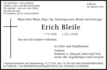 Traueranzeige von Erich Bleile von Stuttgarter Zeitung / Stuttgarter Nachrichten