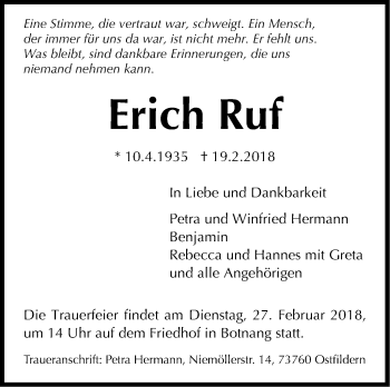 Traueranzeige von Erich Ruf von Stuttgarter Zeitung / Stuttgarter Nachrichten