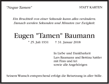 Traueranzeige von Eugen Baumann von Stuttgarter Zeitung / Stuttgarter Nachrichten