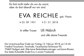 Traueranzeige von Eva Reichle von Stuttgarter Zeitung / Stuttgarter Nachrichten