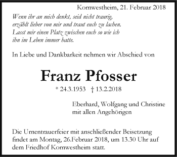 Traueranzeige von Franz Pfosser von Stuttgarter Zeitung / Stuttgarter Nachrichten