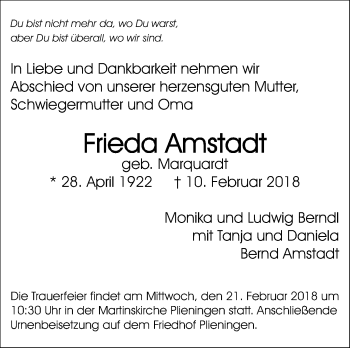 Traueranzeige von Frieda Amstadt von Stuttgarter Zeitung / Stuttgarter Nachrichten