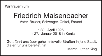 Traueranzeige von Friedrich Maisenbacher von Stuttgarter Zeitung / Stuttgarter Nachrichten