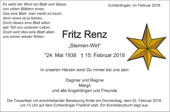 Traueranzeige von Fritz Renz von Stuttgarter Zeitung / Stuttgarter Nachrichten
