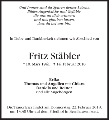 Traueranzeige von Fritz Stäbler von Stuttgarter Zeitung / Stuttgarter Nachrichten