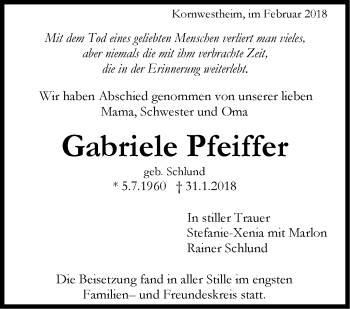Traueranzeige von Gabriele Pfeiffer von Stuttgarter Zeitung / Stuttgarter Nachrichten