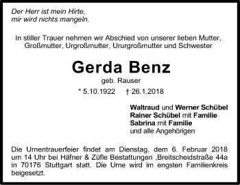 Traueranzeige von Gerda Benz von Stuttgarter Zeitung / Stuttgarter Nachrichten