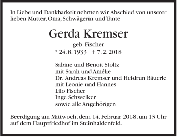 Traueranzeige von Gerda Kremser von Stuttgarter Zeitung / Stuttgarter Nachrichten
