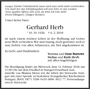 Traueranzeige von Gerhard Herb von Stuttgarter Zeitung / Stuttgarter Nachrichten