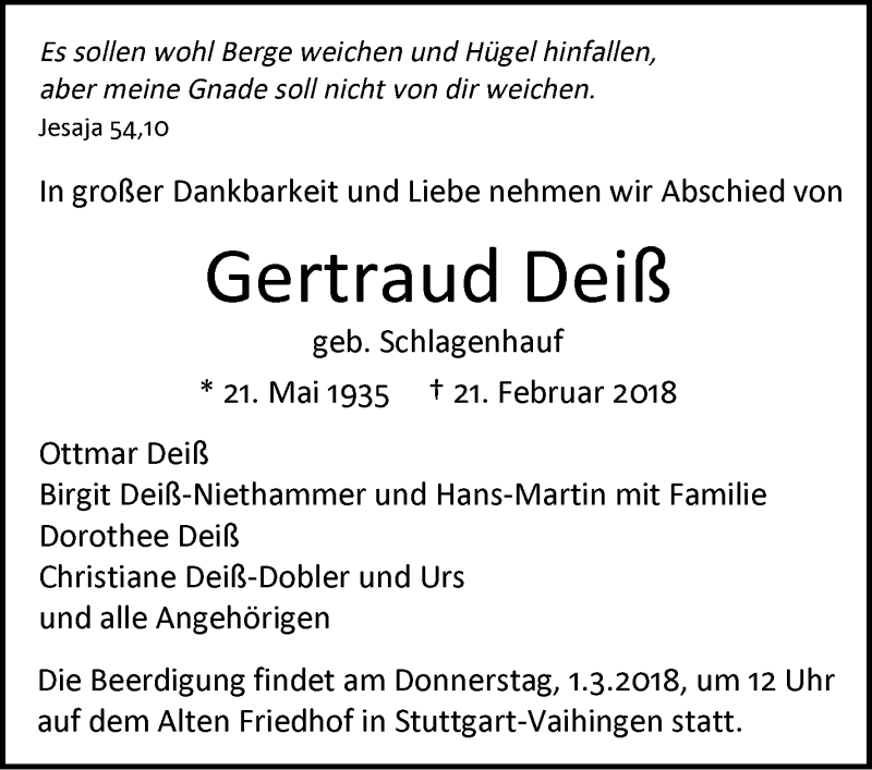  Traueranzeige für Gertraud Deiß vom 24.02.2018 aus Stuttgarter Zeitung / Stuttgarter Nachrichten