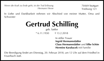 Traueranzeige von Gertrud Schilling von Stuttgarter Zeitung / Stuttgarter Nachrichten