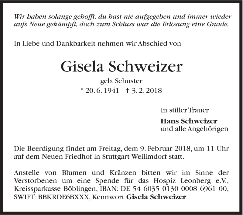  Traueranzeige für Gisela Schweizer vom 07.02.2018 aus Stuttgarter Zeitung / Stuttgarter Nachrichten