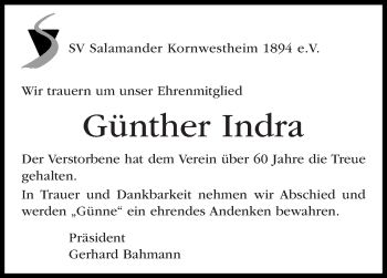 Traueranzeige von Günther Indra von Stuttgarter Zeitung / Stuttgarter Nachrichten