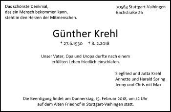 Traueranzeige von Günther Krehl von Stuttgarter Zeitung / Stuttgarter Nachrichten