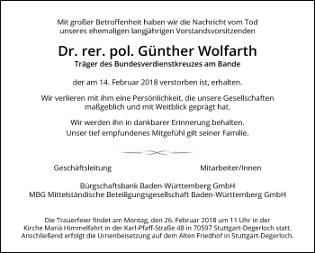 Traueranzeige von Günther Wolfarth von Stuttgarter Zeitung / Stuttgarter Nachrichten