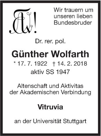 Traueranzeige von Günther Wolfarth von Stuttgarter Zeitung / Stuttgarter Nachrichten
