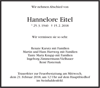 Traueranzeige von Hannelore Eitel von Stuttgarter Zeitung / Stuttgarter Nachrichten